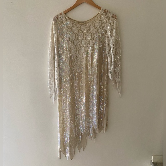 Vintage Sequin Lace Asymmetrical Party Wedding Holiday Dress Size Medium Silk - Picture 8 of 8